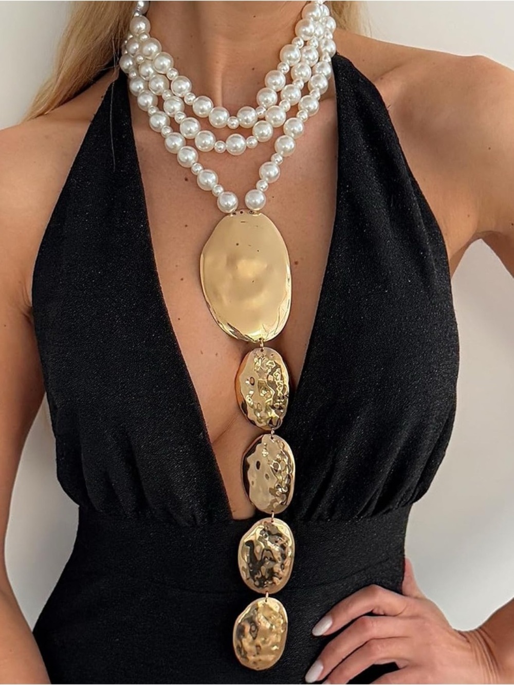 Anthropologie White Pearl Multi-Strand Necklace with Gold Hammered Pendant